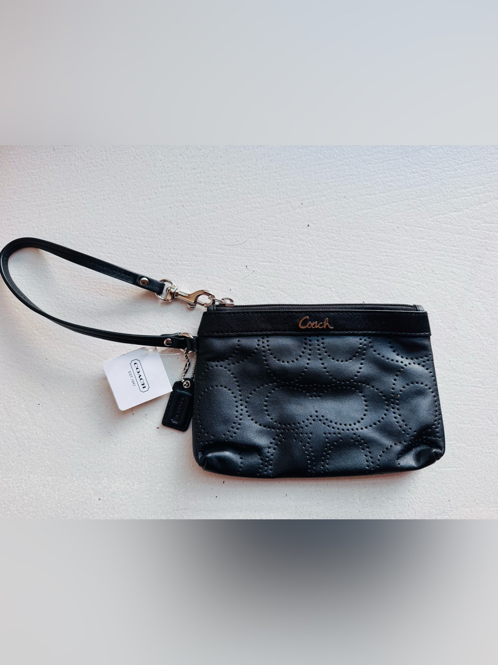 Coach Black Perforated Signature Leather Wristlet with Gold Logo